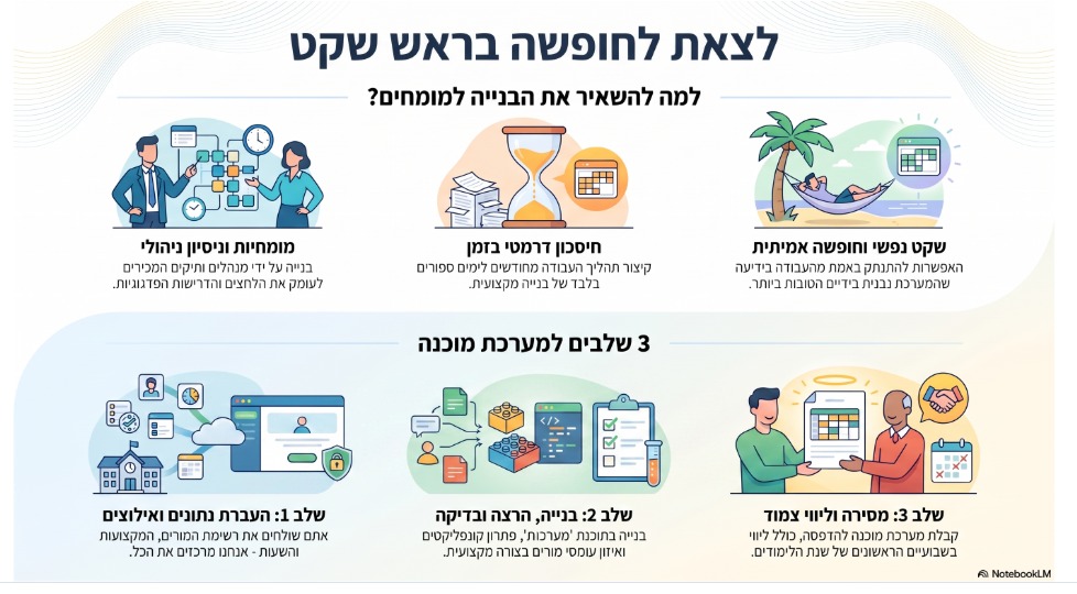 אינפוגרפיקה: למה להשאיר את בניית מערכת השעות למומחים — מומחיות וניסיון, חיסכון בזמן, שקט נפשי; ושלושת שלבי העבודה — העברת נתונים ואילוצים, בנייה והרצה, מסירה וליווי צמוד